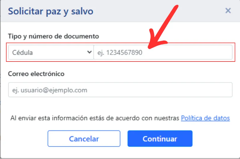 Ingresar cédula para paz y salvo